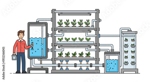 Scientist or farmer managing a complex hydroponic vertical farming system with plants growing in water-filled tubes and shelves.