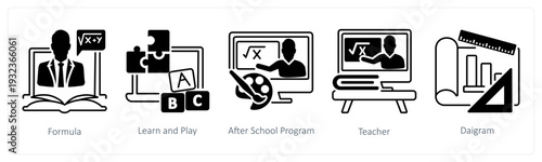 A set of 5 mix icons as formula, learn and play, after school program in black color