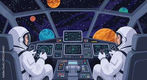 Futuristic view from a spaceship cockpit with two astronauts operating the controls while looking at colorful planets in deep space.