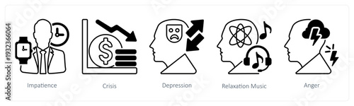 A set of 5 mix icons as impatience, crisis, depression in black color