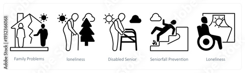 A set of 5 mix icons as family problems, loneliness, disabled senior in black color