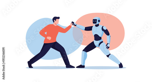 Competitive scene showing a human man and a high-tech robot engaging in a physical contest or palm-to-palm power struggle.