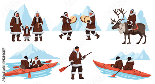 Life of Arctic indigenous people showing traditional activities like family bonding, drum dancing, reindeer herding, and kayaking in icy waters.