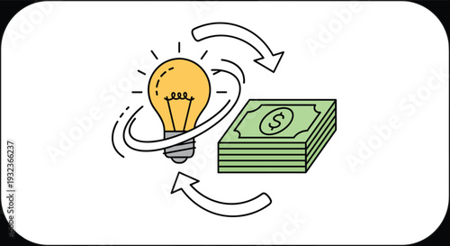 Business concept illustration showing a lightbulb and a stack of money with arrows representing the exchange of ideas for profit.