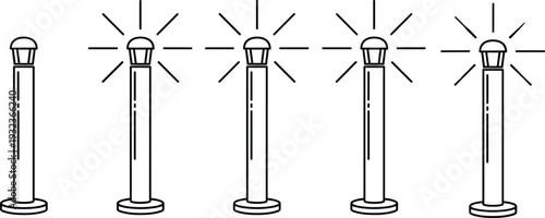 Glowing posts progression vector design, light activation icons with cylindrical shapes, illumination stages concept, minimalistic abstract user interface element illustration