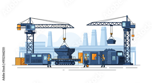 Busy industrial site with giant cranes loading raw materials onto conveyor belts in front of a factory silhouette with workers present.