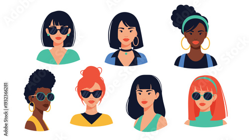 Stylish female avatars display a variety of hairstyles, skin tones, and fashionable accessories like sunglasses and earrings.
