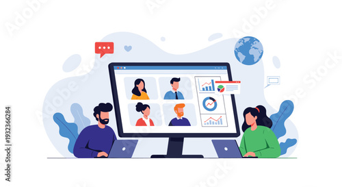 Colleagues working from different locations participating in a group video conference on a large computer screen with data charts.