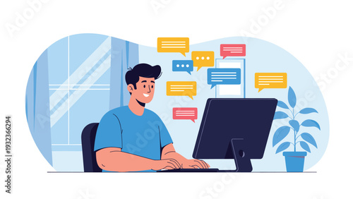 Cheerful man works on his computer as numerous colorful digital message bubbles float around him in a home office.