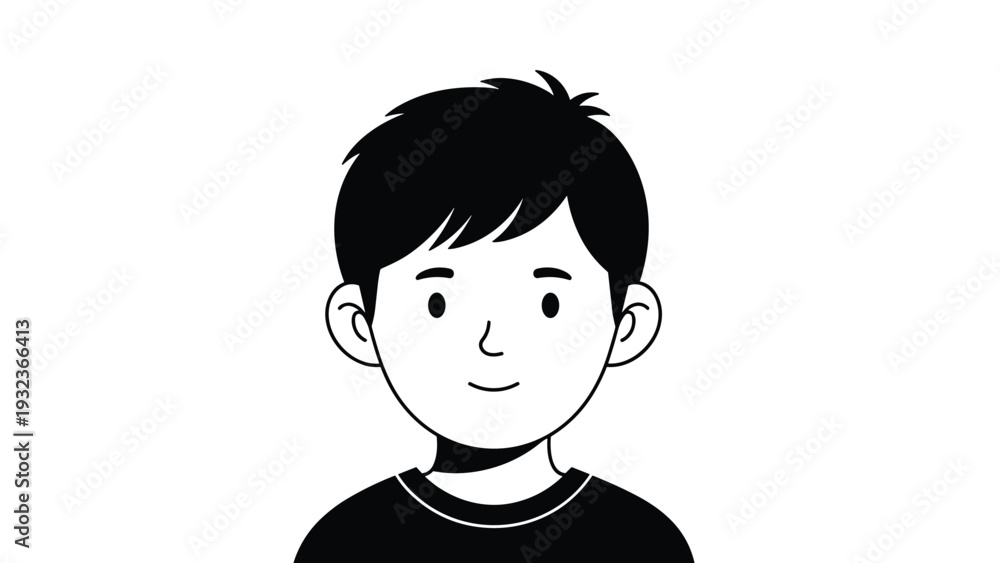 Obraz premium Simple black and white line art illustration depicts the smiling face of a young boy with dark hair and a t-shirt.