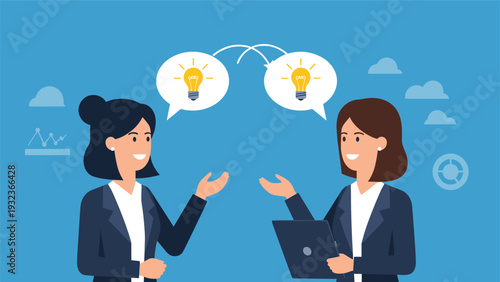 Two professional businesswomen discuss innovative ideas represented by glowing lightbulbs in speech bubbles between them.
