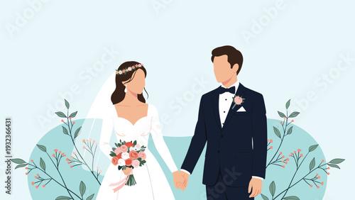 Beautiful bride in a white gown and groom in a tuxedo hold hands surrounded by delicate pink and white flowers.