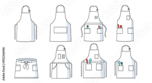 Collection of various white apron designs including waist, bib, and pocketed styles for cooking, gardening, and professional workshop use.