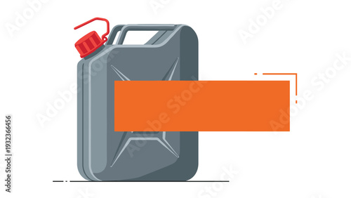 Industrial dark gray jerry can for gasoline or fuel features a red cap and a large orange label for custom text.