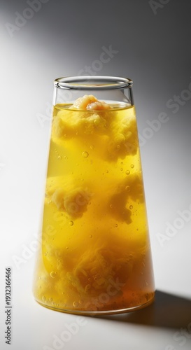 Yellowish biological tissue aspirate collected in a sterile glass container, highlighting the results of fat removal surgery, container, plastic, sterile