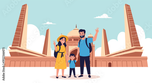 Happy family with a young son traveling and taking photos in front of the Taj Mahal monument in India during a world tour.