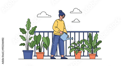 Young woman wearing glasses standing on a balcony and watering her green potted plants with a blue watering can on a sunny day.