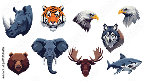 Set of detailed animal head illustrations includes a rhino, tiger, eagle, wolf, elephant, moose, bear, and shark.