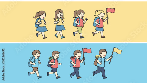 Groups of active boys and girls carry backpacks and flags while hiking together in a fun outdoor adventure.