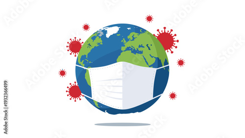 Planet earth globe wears a protective white medical face mask to symbolize the global impact of the pandemic.