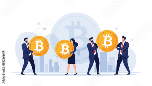 Corporate business professionals holding large golden bitcoin coins stand in front of a blue city skyline background.