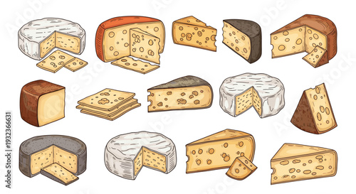 Mouthwatering collection of various cheese types including brie, cheddar, emmental, gouda, and blue cheese as whole wheels and slices.