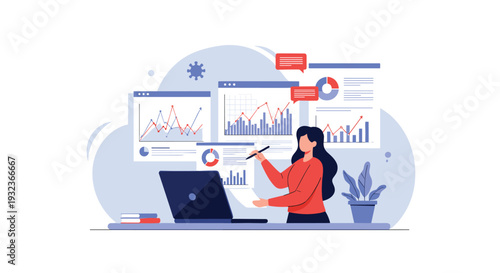 Professional business woman working at a desk with a laptop and multiple screens displaying financial growth data and bar charts.