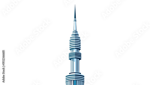 Modern telecommunications or observation tower stands tall in a flat blue graphic illustration against a white backdrop.