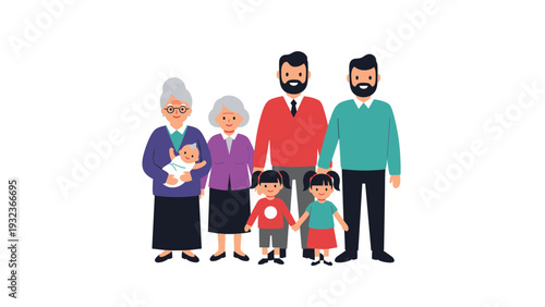 Diverse multi-generational family portrait features grandparents, parents, and young children standing together happily.