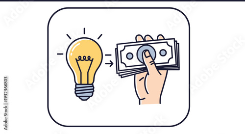 Creative business concept showing an illuminated light bulb representing a new idea being converted into cash profit by a human hand.
