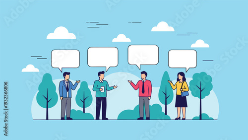 Diverse group of professionals stands in a peaceful park setting with empty speech bubbles suggesting ongoing communication.