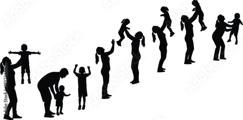 Silhouette parents playing with children vector illustration, family bonding artwork, parenting care design, love affection lifestyle concept, happy childhood activity artwork