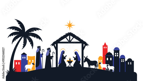Traditional nativity scene silhouette features the holy family, wise men, and animals under a bright star in Bethlehem.