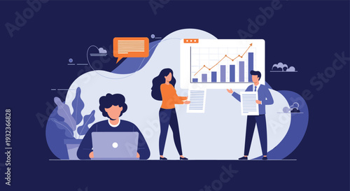 Team of business professionals analyzing financial growth charts and data analytics while working on laptops in a modern office environment.