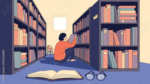 Person searches for knowledge while sitting on the floor between tall shelves in a quiet and organized library aisle.
