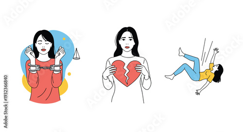 Conceptual illustration of women experiencing different emotional struggles including imprisonment, heartbreak, and physical accidents or falling.