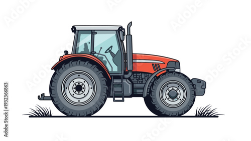 Detailed side view illustration of a modern red tractor used for agricultural work stands on a white background.