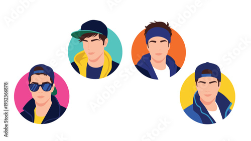 Collection of circular profile icons depicts stylish young men wearing casual blue caps and modern urban streetwear.
