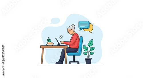 Elderly woman sitting at a desk at home using a digital tablet for online communication and chatting with family or friends using social apps.