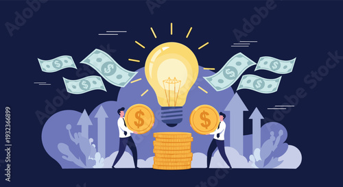 Group of business people investing money into a bright lightbulb representing successful innovation, startup funding, and creative ideas.