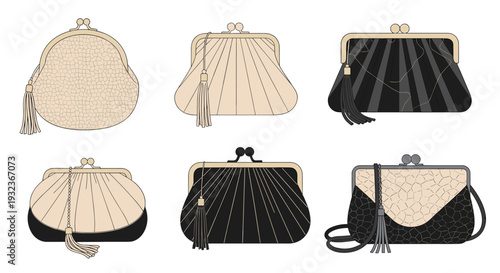 Elegant collection of vintage style evening clutch bags and purses decorated with tassels and fine textures for fashion.