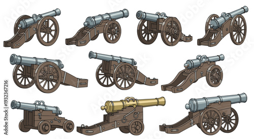 Historical collection of various artillery cannons from different eras used in military warfare and defensive fortifications.