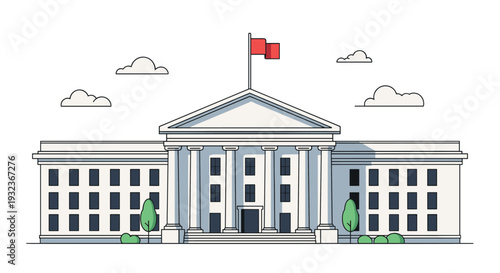 Formal illustration of a classical white house government building or bank with grand columns and a red flag on the roof.