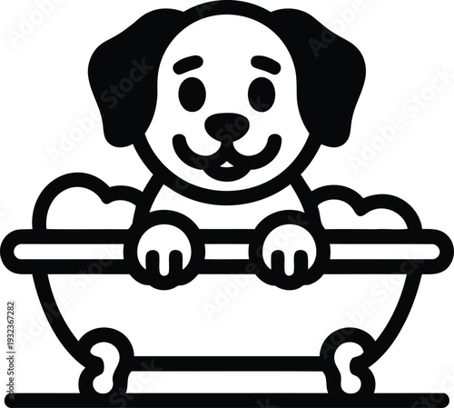 Cute cartoon puppy in a bathtub vector icon, representing pet care and hygiene