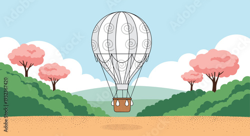 Whimsical hot air balloon floats peacefully over a scenic landscape filled with green hills and beautiful pink cherry trees.