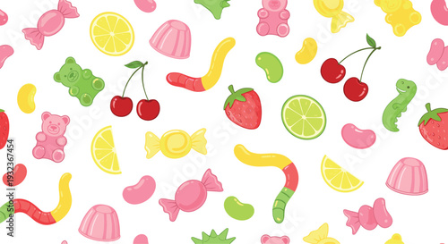 Vibrant seamless pattern of various colorful gummy candies, jelly beans, and fruit shapes for a sweet confectionery theme.