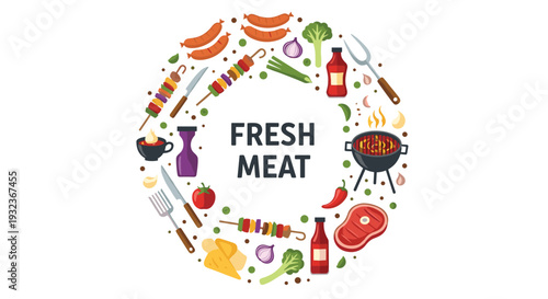 Circular layout of barbecue items and fresh meat products including a grill, skewers, steak, and condiments for a cookout.