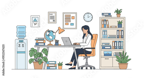 Professional woman works diligently on her laptop at a clean and organized office desk surrounded by books and plants.