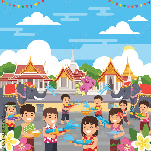 A festive illustration of people celebrating with water guns and elephants