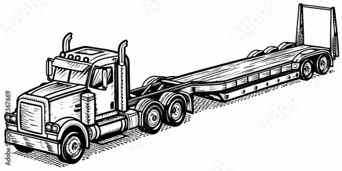 Heavy Duty Semi Truck with Lowboy Flatbed Trailer Vector Line Art Illustration